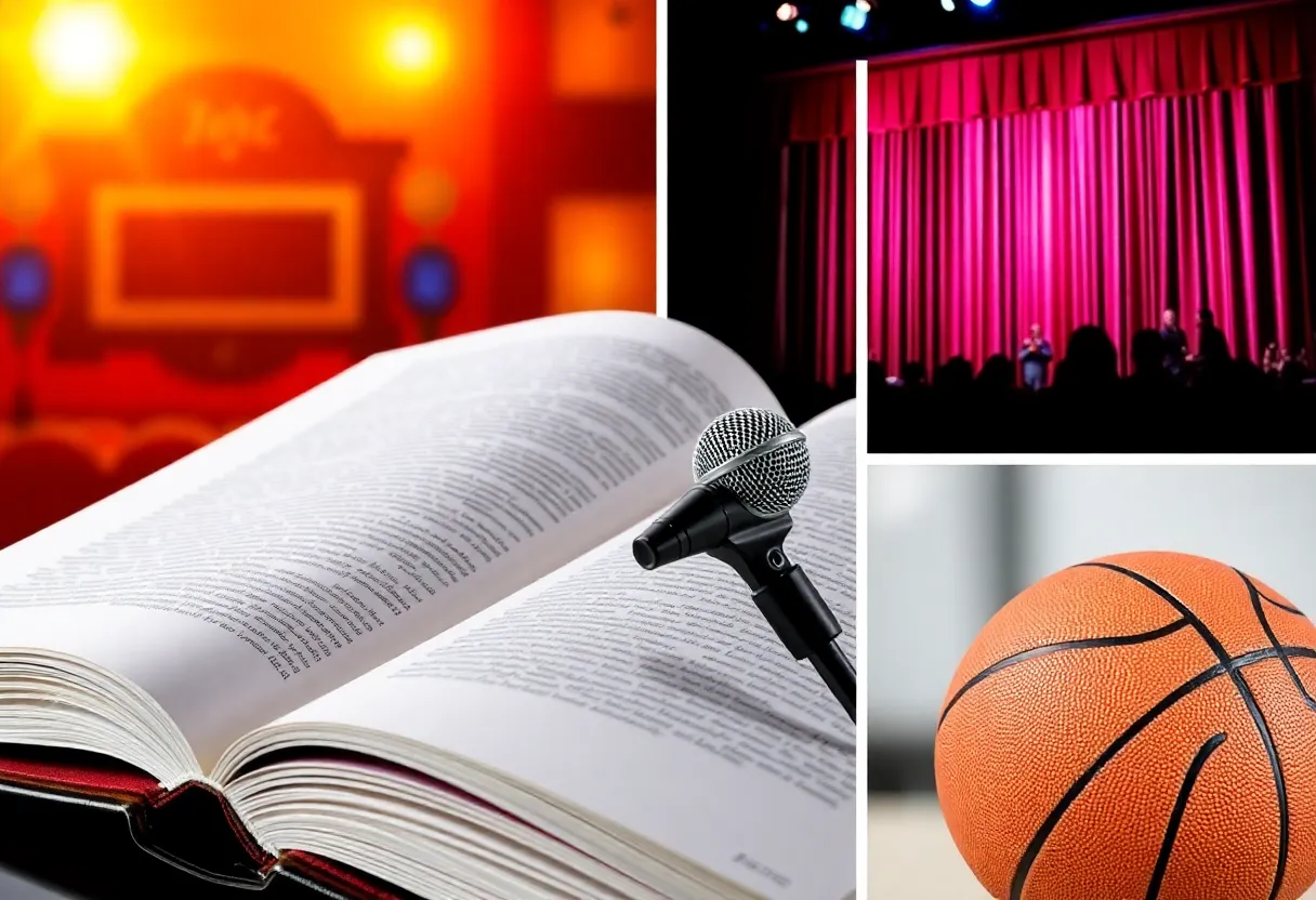 Collage representing San Antonio events: book festival, stand-up comedy, and sports