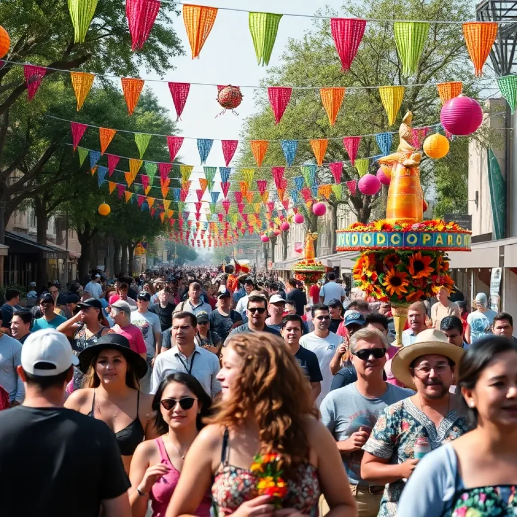 Crowd enjoying San Antonio Fiesta with decorations