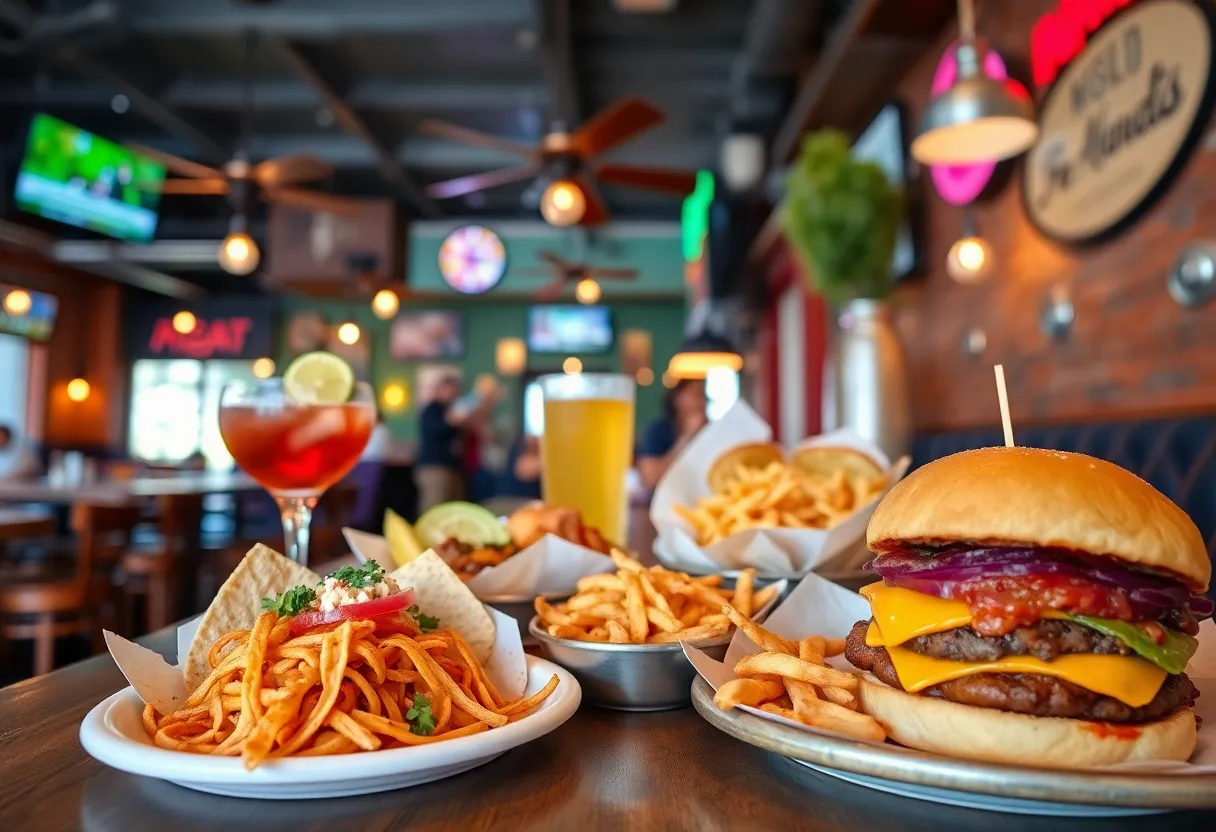 A collage of various delicious foods from San Antonio's Food Trails including tacos, cocktails, and burgers.
