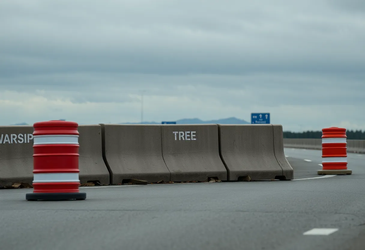 Traffic barrels and concrete barrier on a highway
