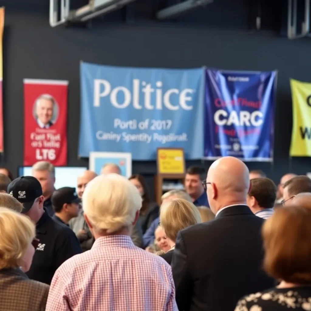 Raffle event promoting San Antonio mayoral candidates with voters engaged in discussions.