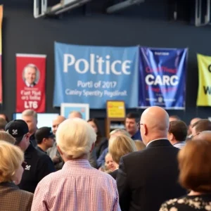 Raffle event promoting San Antonio mayoral candidates with voters engaged in discussions.