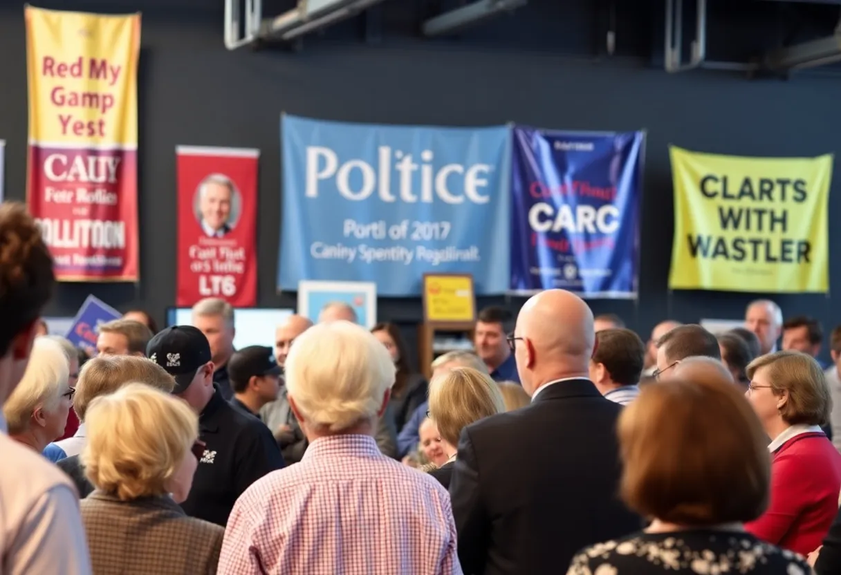 Raffle event promoting San Antonio mayoral candidates with voters engaged in discussions.