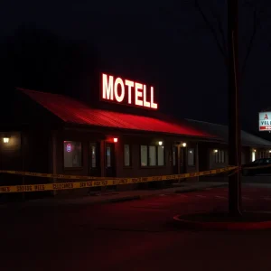 Police tape outside a motel in San Antonio following a shooting incident.