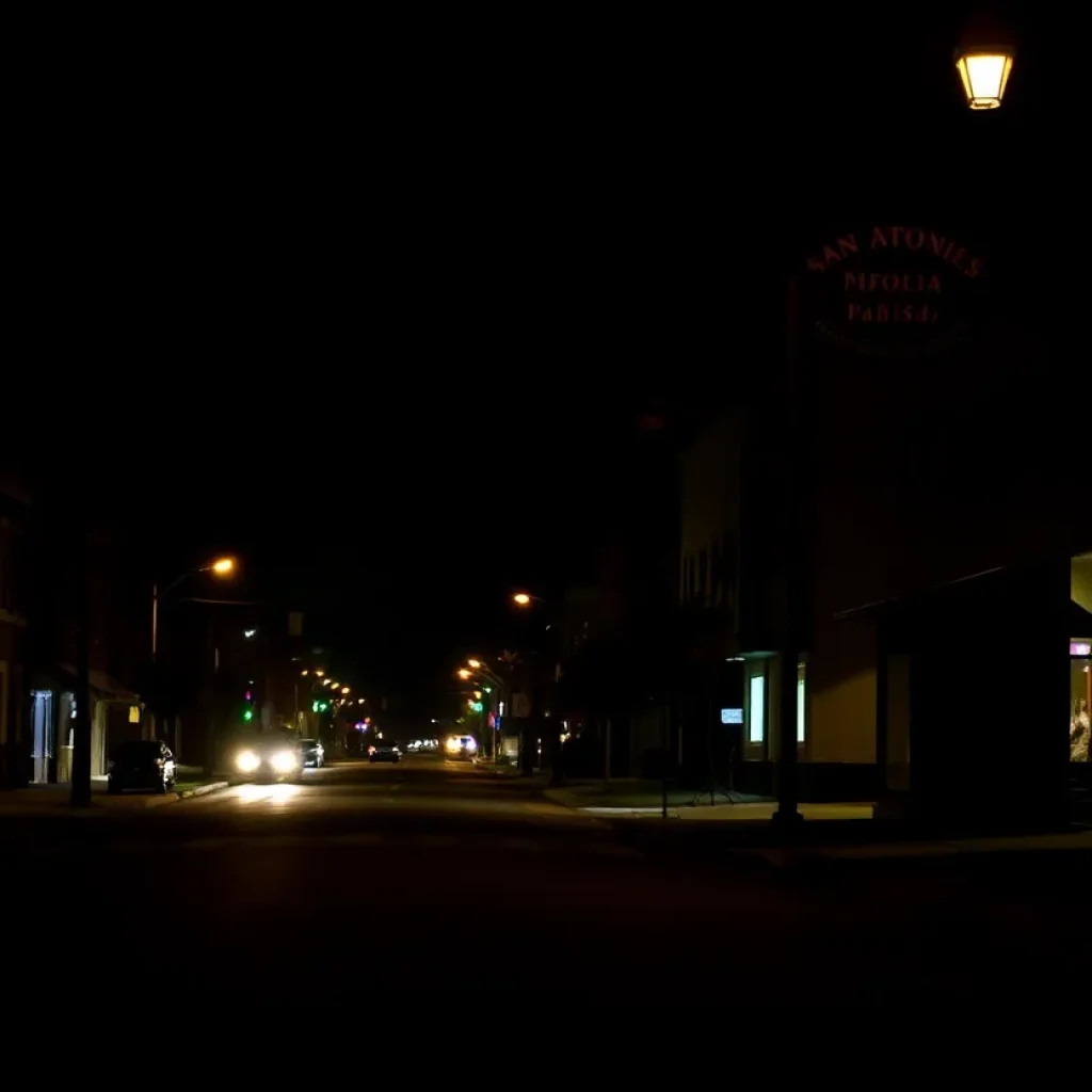 Night scene depicting an urban area near a hospital and dumpster.