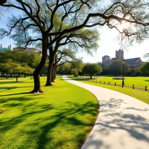 San Antonio park with walking trail, symbolizing fitness and support