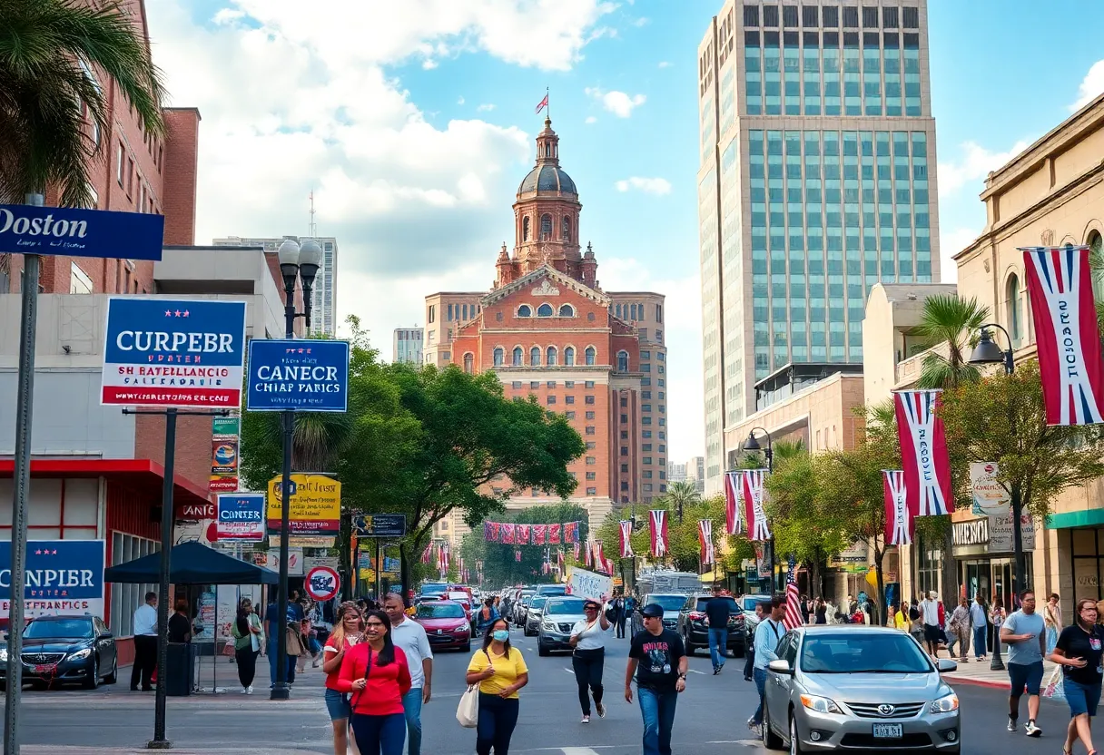 Political campaign signs in San Antonio cityscape