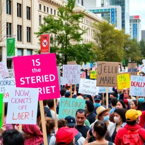 Diverse Crowds Marching with Signs in San Antonio