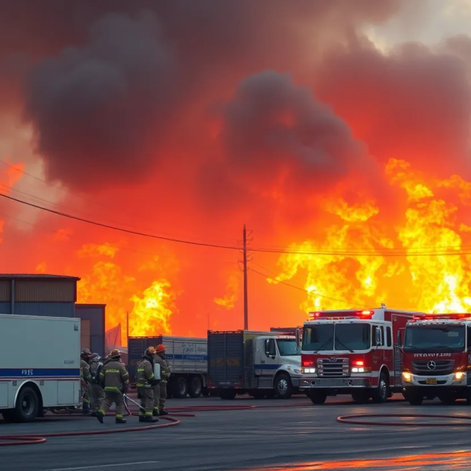 Firefighters extinguishing flames at a recycling center in San Antonio