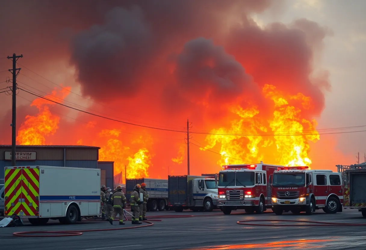 Firefighters extinguishing flames at a recycling center in San Antonio