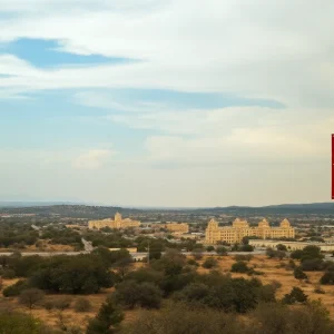 Landscape of San Antonio indicating fire risk with dry vegetation and strong winds.