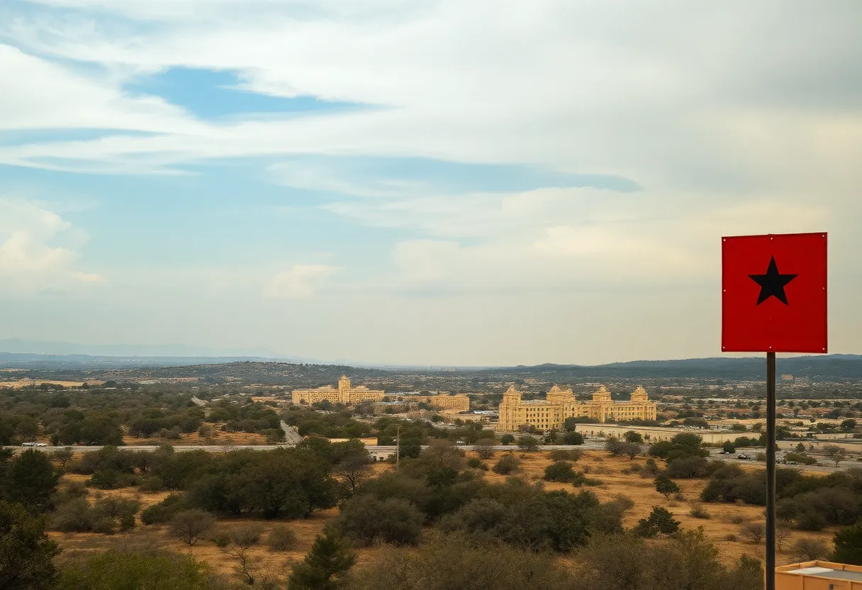 Landscape of San Antonio indicating fire risk with dry vegetation and strong winds.