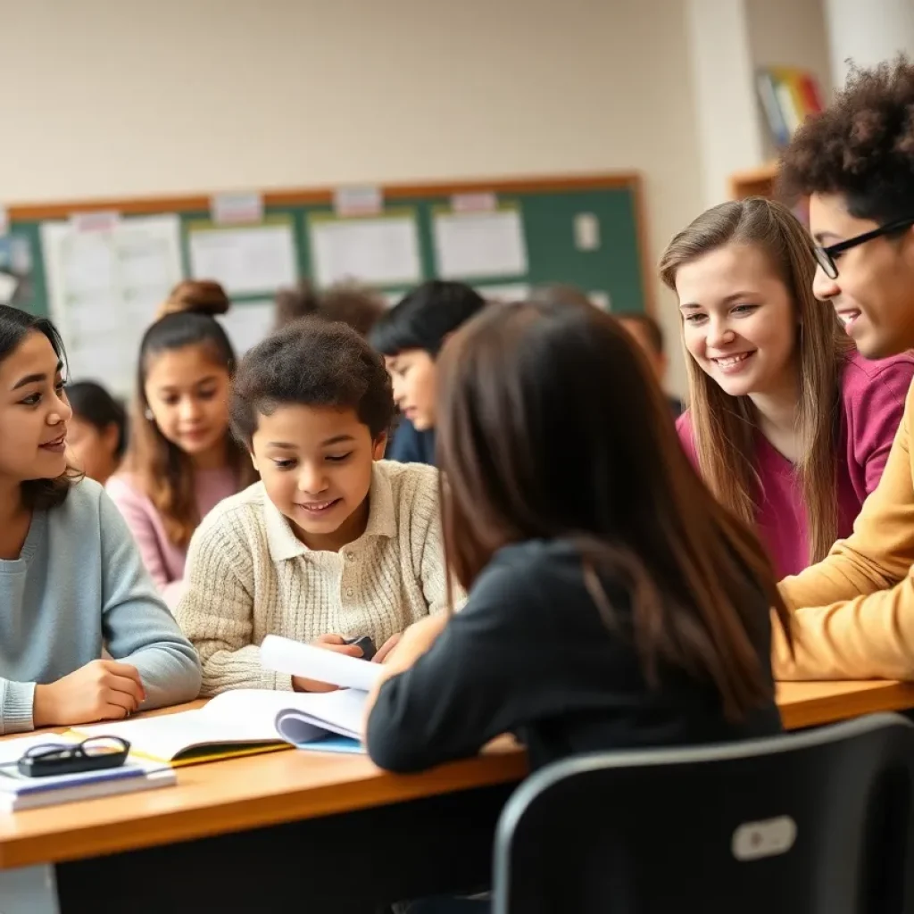 Students participating in a collaborative learning activity in a classroom.