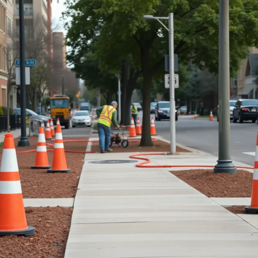 Construction workers improving sidewalk and driveway access in San Antonio.