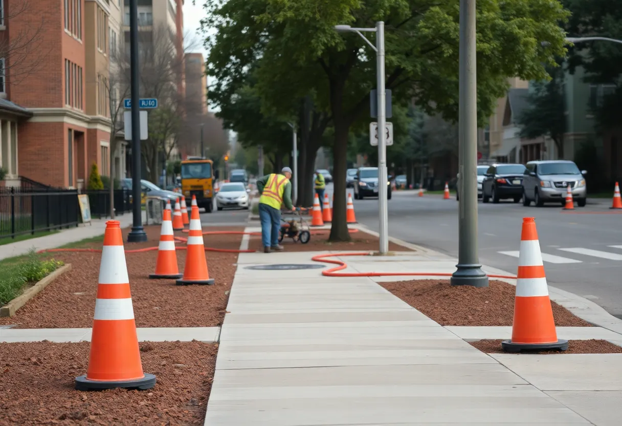 Construction workers improving sidewalk and driveway access in San Antonio.