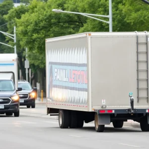 A city street in San Antonio showing a parked trailer and vehicle traffic, emphasizing safety.
