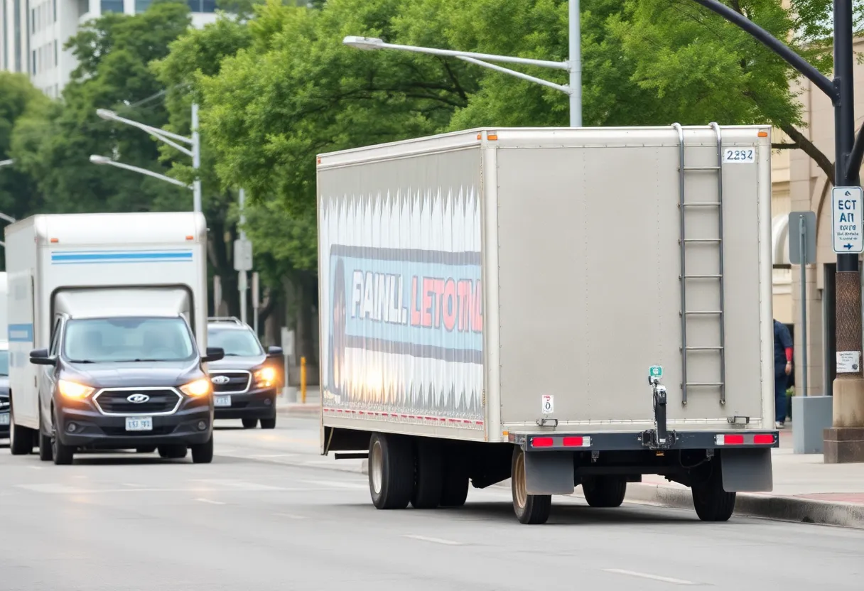 A city street in San Antonio showing a parked trailer and vehicle traffic, emphasizing safety.