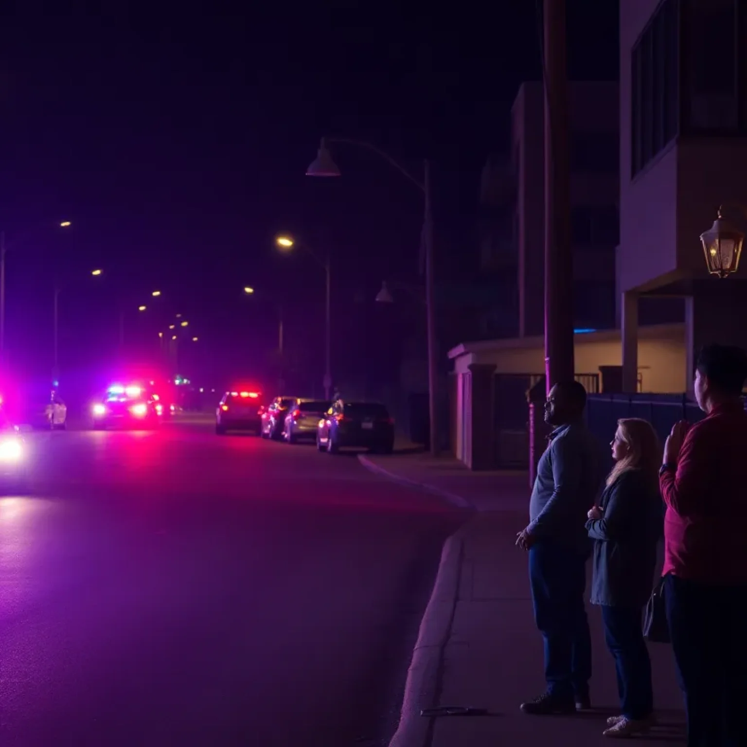 Police lights on a quiet San Antonio street after a violent incident