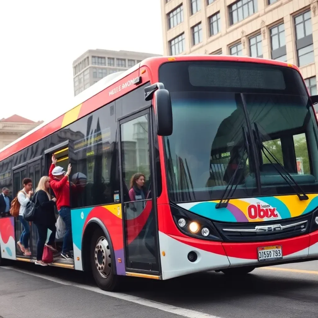 Modern bus operating in San Antonio with commuters