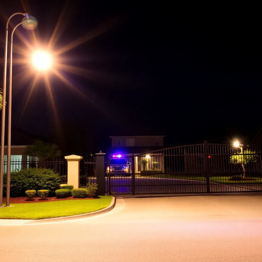Police lights in a gated community following a vehicle burglary incident