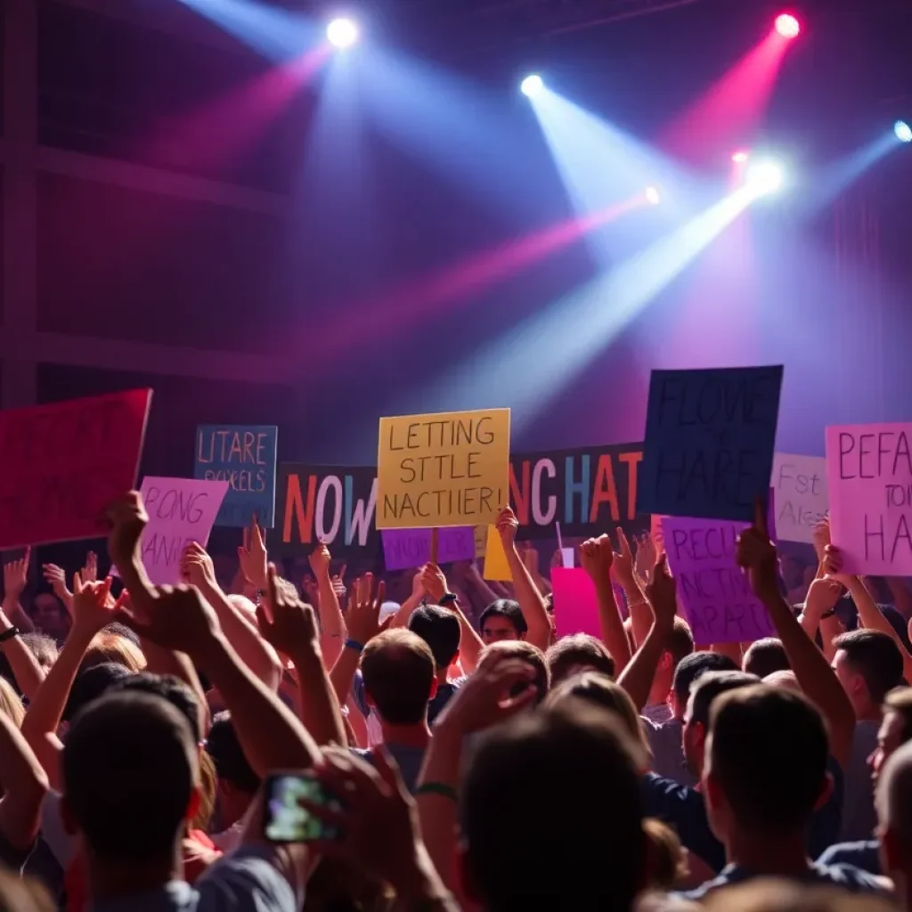 Cheering crowd at a concert with stage lights