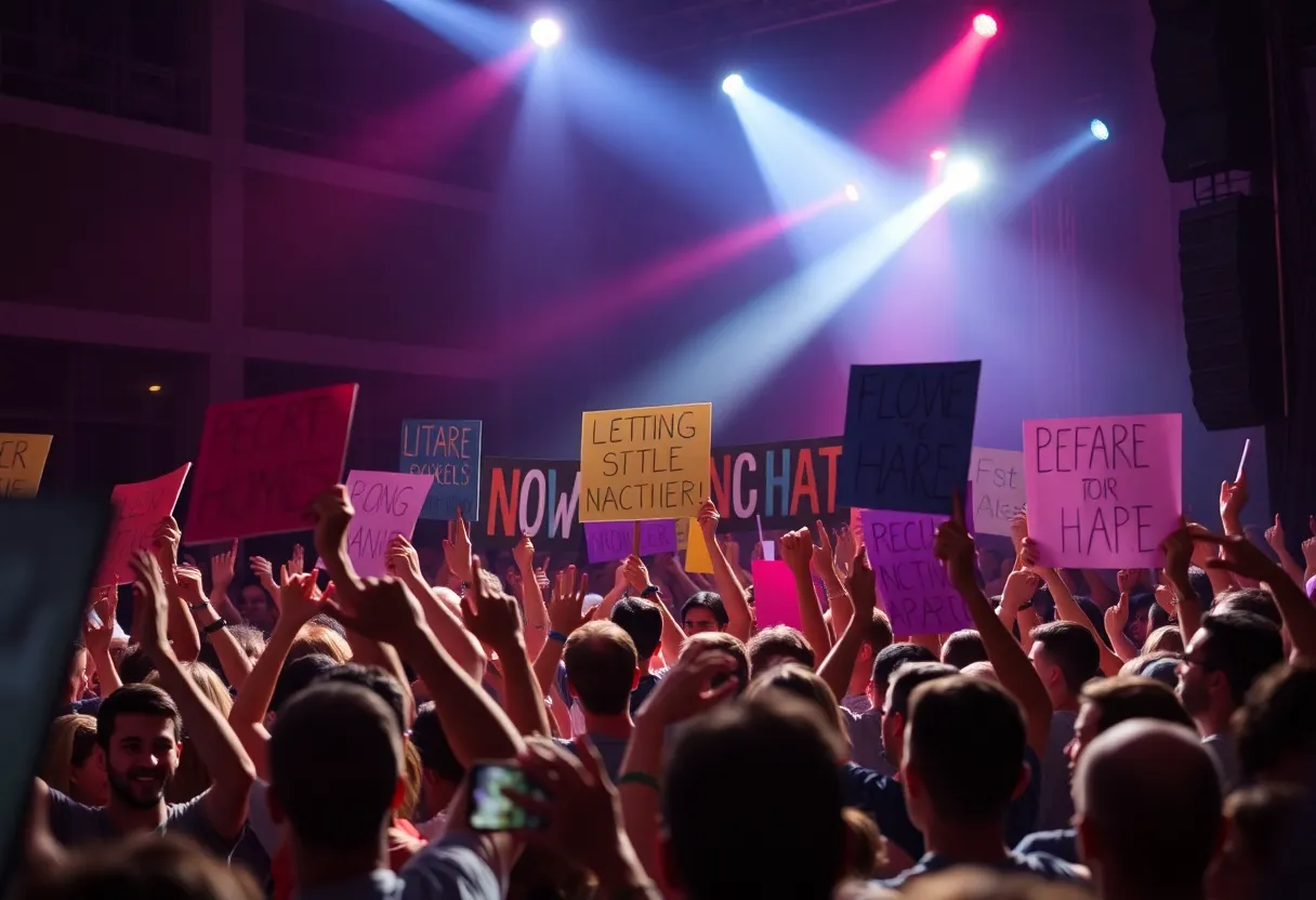 Cheering crowd at a concert with stage lights