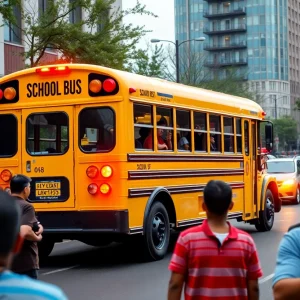 Accident scene with a school bus and emergency responders