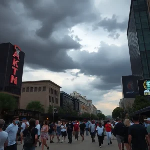Storm clouds over San Antonio during Final Four weekend activities.
