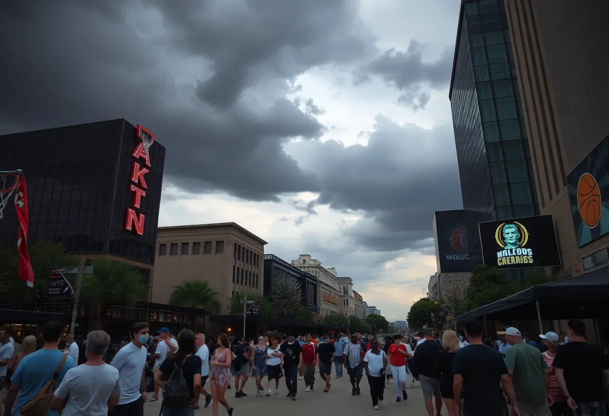 Storm clouds over San Antonio during Final Four weekend activities.