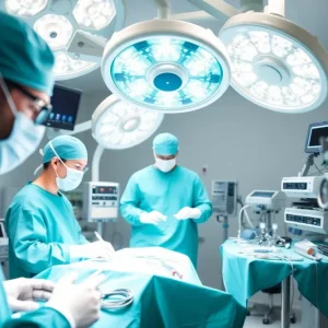 An operating room with surgical instruments, emphasizing safety protocols.