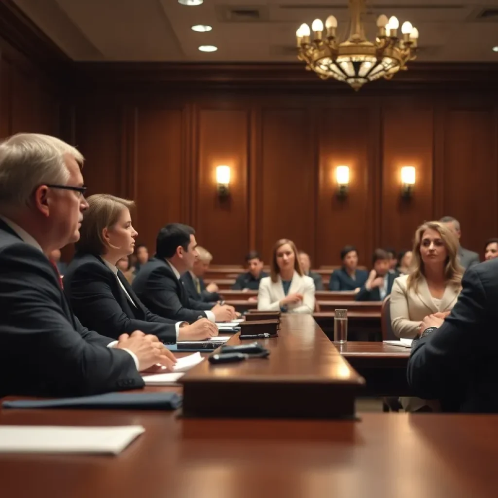 Dramatic courtroom scene depicting jurors deliberating in a high-profile murder trial.