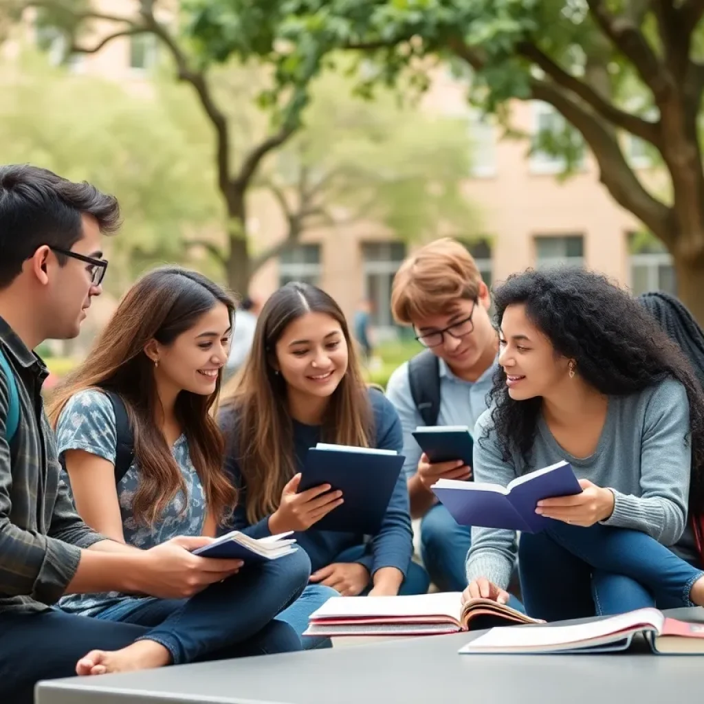 A diverse group of students on the University of Texas at San Antonio campus.